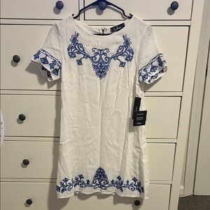 White Dress with Blue Embroidery